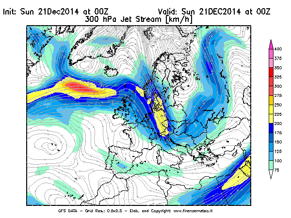 Mappa di analisi GFS - Jet Stream a 300 hPa in Europa
							del 21/12/2014 00 <!--googleoff: index-->UTC<!--googleon: index-->