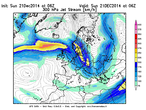 Mappa di analisi GFS - Jet Stream a 300 hPa in Europa
									del 21/12/2014 06 <!--googleoff: index-->UTC<!--googleon: index-->