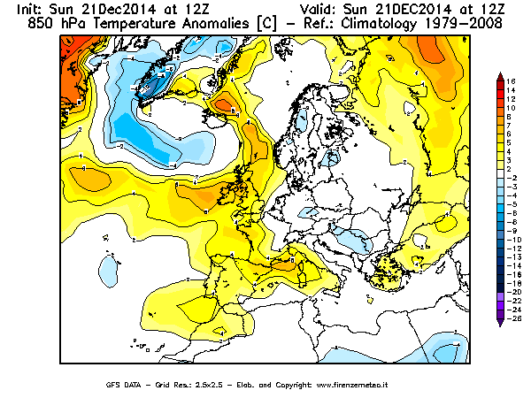 Mappa di analisi GFS - Anomalia Temperatura [°C] a 850 hPa in Europa
							del 21/12/2014 12 <!--googleoff: index-->UTC<!--googleon: index-->