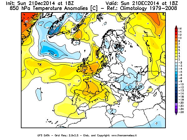 Mappa di analisi GFS - Anomalia Temperatura [°C] a 850 hPa in Europa
							del 21/12/2014 18 <!--googleoff: index-->UTC<!--googleon: index-->