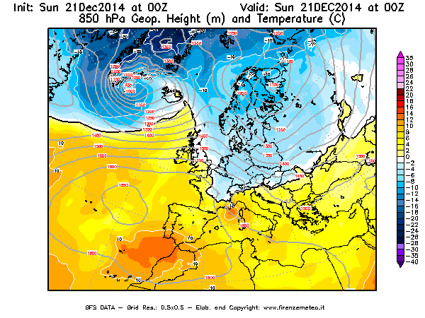 Mappa di analisi GFS - Geopotenziale [m] e Temperatura [°C] a 850 hPa in Europa
							del 21/12/2014 00 <!--googleoff: index-->UTC<!--googleon: index-->
