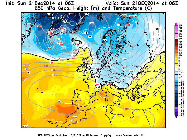 Mappa di analisi GFS - Geopotenziale [m] e Temperatura [°C] a 850 hPa in Europa
									del 21/12/2014 06 <!--googleoff: index-->UTC<!--googleon: index-->