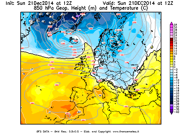 Mappa di analisi GFS - Geopotenziale [m] e Temperatura [°C] a 850 hPa in Europa
									del 21/12/2014 12 <!--googleoff: index-->UTC<!--googleon: index-->