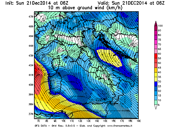 Mappa di analisi GFS - Velocità del vento a 10 metri dal suolo [km/h] in Italia
									del 21/12/2014 06 <!--googleoff: index-->UTC<!--googleon: index-->