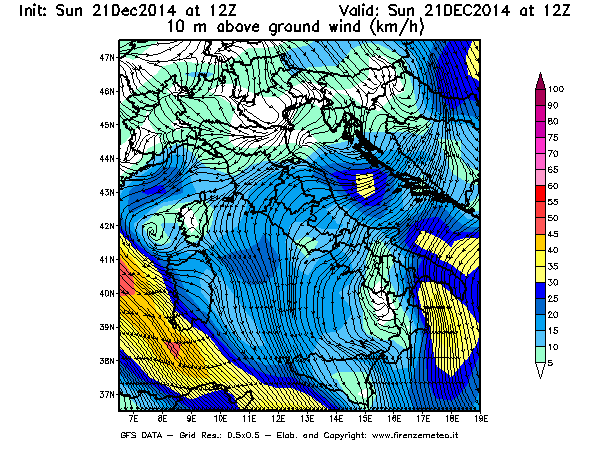 Mappa di analisi GFS - Velocità del vento a 10 metri dal suolo [km/h] in Italia
									del 21/12/2014 12 <!--googleoff: index-->UTC<!--googleon: index-->