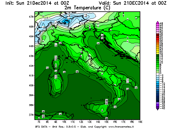 Mappa di analisi GFS - Temperatura a 2 metri dal suolo [°C] in Italia
							del 21/12/2014 00 <!--googleoff: index-->UTC<!--googleon: index-->