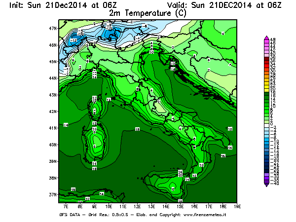 Mappa di analisi GFS - Temperatura a 2 metri dal suolo [°C] in Italia
							del 21/12/2014 06 <!--googleoff: index-->UTC<!--googleon: index-->