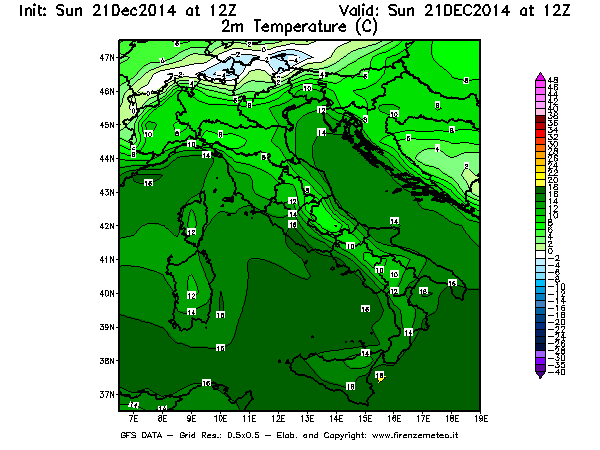Mappa di analisi GFS - Temperatura a 2 metri dal suolo [°C] in Italia
							del 21/12/2014 12 <!--googleoff: index-->UTC<!--googleon: index-->