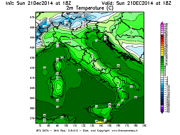 Mappa di analisi GFS - Temperatura a 2 metri dal suolo [°C] in Italia
									del 21/12/2014 18 <!--googleoff: index-->UTC<!--googleon: index-->