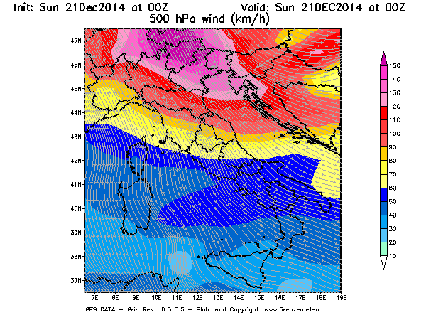 Mappa di analisi GFS - Velocità del vento a 500 hPa [km/h] in Italia
							del 21/12/2014 00 <!--googleoff: index-->UTC<!--googleon: index-->