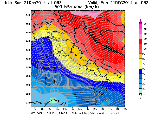 Mappa di analisi GFS - Velocità del vento a 500 hPa [km/h] in Italia
							del 21/12/2014 06 <!--googleoff: index-->UTC<!--googleon: index-->