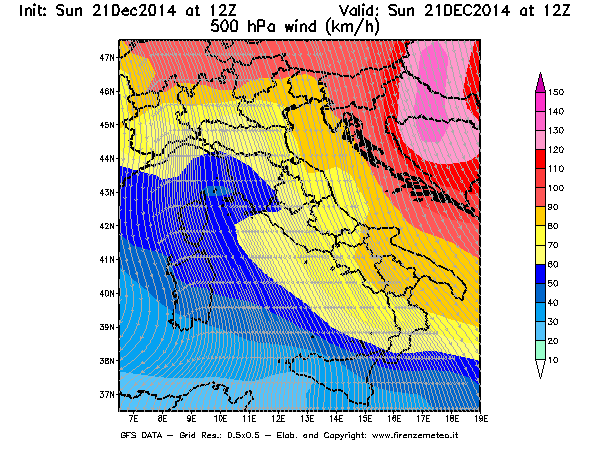 Mappa di analisi GFS - Velocità del vento a 500 hPa [km/h] in Italia
							del 21/12/2014 12 <!--googleoff: index-->UTC<!--googleon: index-->