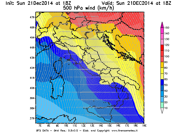 Mappa di analisi GFS - Velocità del vento a 500 hPa [km/h] in Italia
							del 21/12/2014 18 <!--googleoff: index-->UTC<!--googleon: index-->