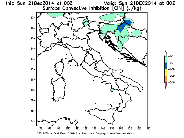 Mappa di analisi GFS - CIN [J/kg] in Italia
									del 21/12/2014 00 <!--googleoff: index-->UTC<!--googleon: index-->