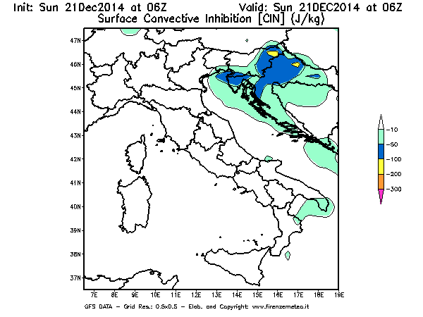 Mappa di analisi GFS - CIN [J/kg] in Italia
							del 21/12/2014 06 <!--googleoff: index-->UTC<!--googleon: index-->