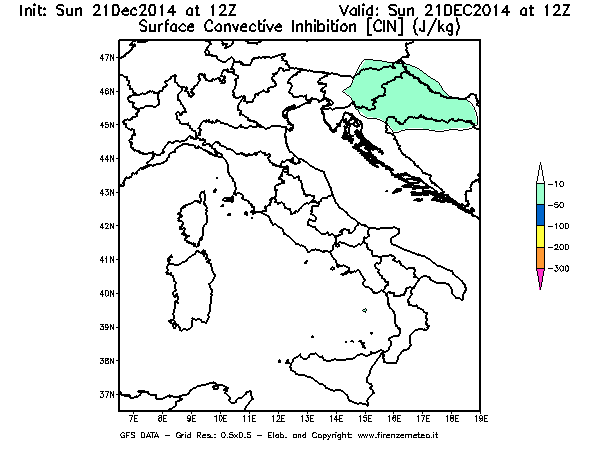 Mappa di analisi GFS - CIN [J/kg] in Italia
									del 21/12/2014 12 <!--googleoff: index-->UTC<!--googleon: index-->