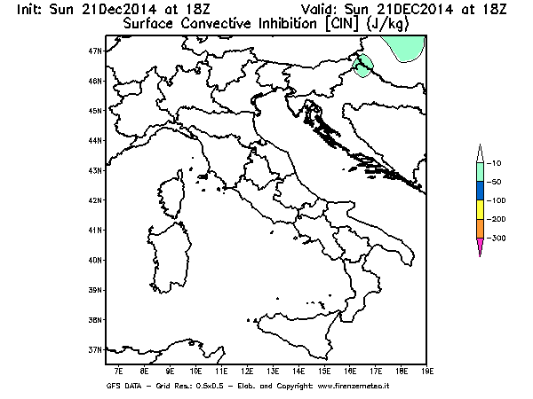 Mappa di analisi GFS - CIN [J/kg] in Italia
							del 21/12/2014 18 <!--googleoff: index-->UTC<!--googleon: index-->