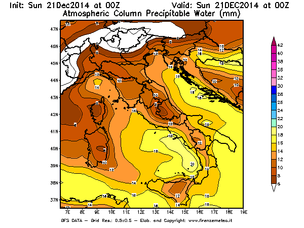 Mappa di analisi GFS - Precipitable Water [mm] in Italia
							del 21/12/2014 00 <!--googleoff: index-->UTC<!--googleon: index-->