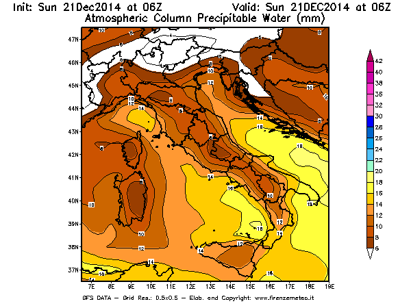 Mappa di analisi GFS - Precipitable Water [mm] in Italia
									del 21/12/2014 06 <!--googleoff: index-->UTC<!--googleon: index-->