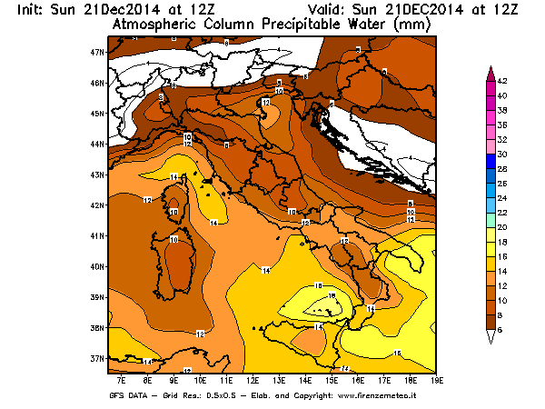Mappa di analisi GFS - Precipitable Water [mm] in Italia
							del 21/12/2014 12 <!--googleoff: index-->UTC<!--googleon: index-->
