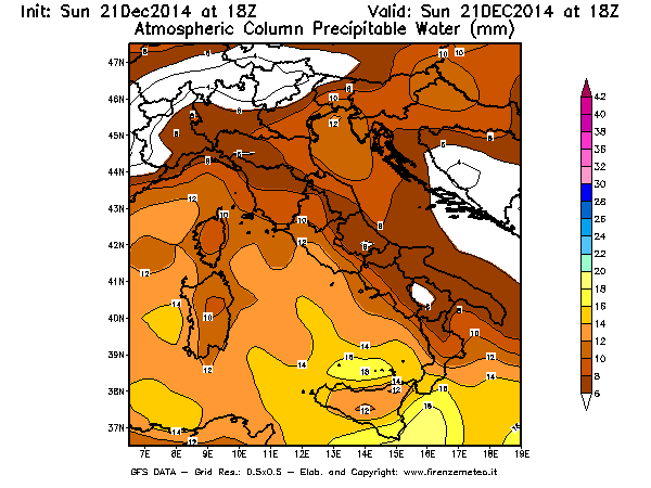 Mappa di analisi GFS - Precipitable Water [mm] in Italia
									del 21/12/2014 18 <!--googleoff: index-->UTC<!--googleon: index-->