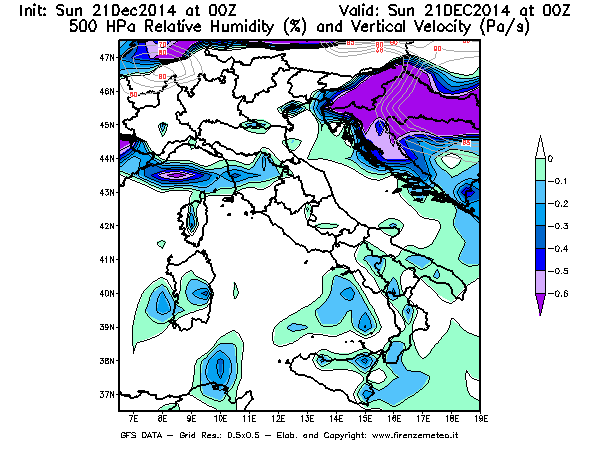 Mappa di analisi GFS - Umidità relativa [%] e Omega [Pa/s] a 500 hPa in Italia
									del 21/12/2014 00 <!--googleoff: index-->UTC<!--googleon: index-->