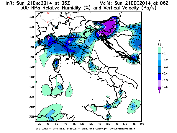 Mappa di analisi GFS - Umidità relativa [%] e Omega [Pa/s] a 500 hPa in Italia
							del 21/12/2014 06 <!--googleoff: index-->UTC<!--googleon: index-->