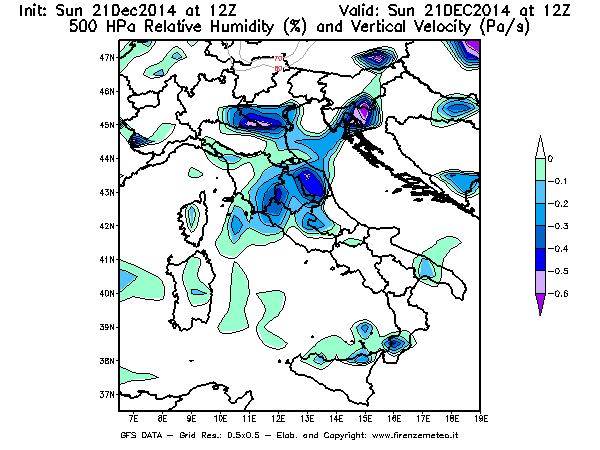 Mappa di analisi GFS - Umidità relativa [%] e Omega [Pa/s] a 500 hPa in Italia
							del 21/12/2014 12 <!--googleoff: index-->UTC<!--googleon: index-->