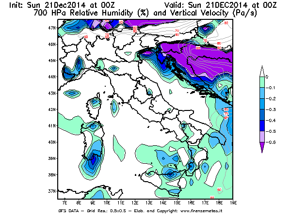 Mappa di analisi GFS - Umidità relativa [%] e Omega [Pa/s] a 700 hPa in Italia
							del 21/12/2014 00 <!--googleoff: index-->UTC<!--googleon: index-->