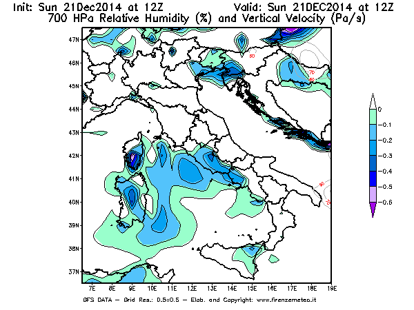 Mappa di analisi GFS - Umidità relativa [%] e Omega [Pa/s] a 700 hPa in Italia
							del 21/12/2014 12 <!--googleoff: index-->UTC<!--googleon: index-->