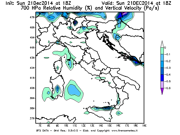 Mappa di analisi GFS - Umidità relativa [%] e Omega [Pa/s] a 700 hPa in Italia
							del 21/12/2014 18 <!--googleoff: index-->UTC<!--googleon: index-->