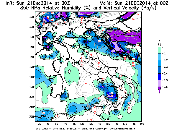 Mappa di analisi GFS - Umidità relativa [%] e Omega [Pa/s] a 850 hPa in Italia
									del 21/12/2014 00 <!--googleoff: index-->UTC<!--googleon: index-->