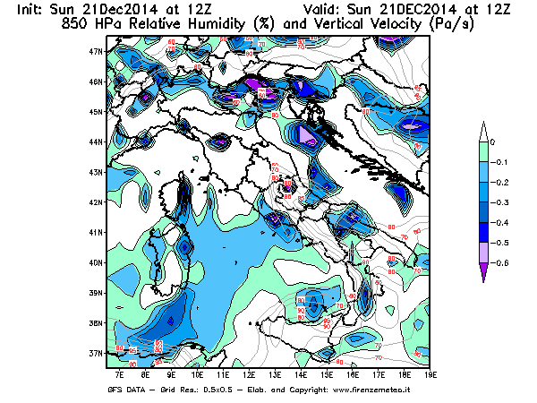 Mappa di analisi GFS - Umidità relativa [%] e Omega [Pa/s] a 850 hPa in Italia
									del 21/12/2014 12 <!--googleoff: index-->UTC<!--googleon: index-->