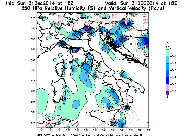 Mappa di analisi GFS - Umidità relativa [%] e Omega [Pa/s] a 850 hPa in Italia
							del 21/12/2014 18 <!--googleoff: index-->UTC<!--googleon: index-->