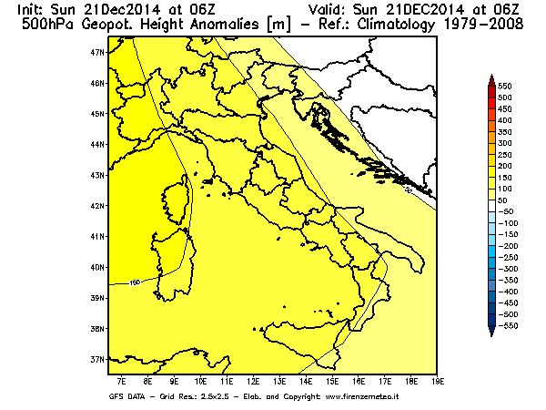 Mappa di analisi GFS - Anomalia di Geopotenziale a 500 hPa in Italia
							del 21/12/2014 06 <!--googleoff: index-->UTC<!--googleon: index-->