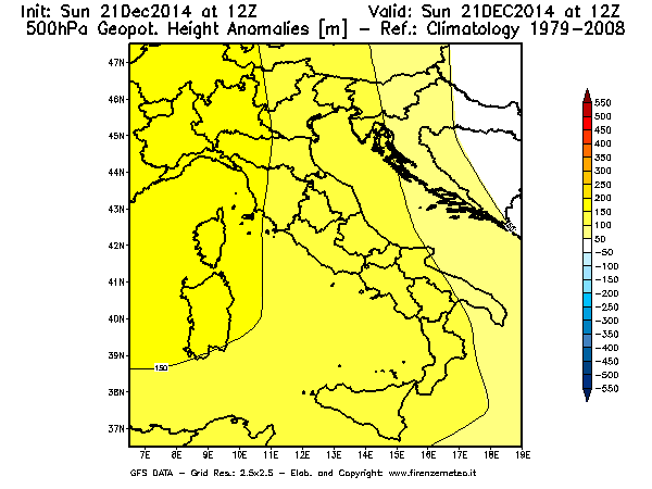 Mappa di analisi GFS - Anomalia di Geopotenziale a 500 hPa in Italia
							del 21/12/2014 12 <!--googleoff: index-->UTC<!--googleon: index-->