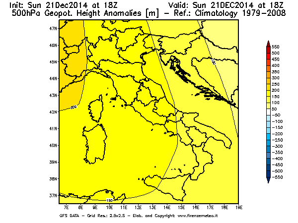 Mappa di analisi GFS - Anomalia di Geopotenziale a 500 hPa in Italia
									del 21/12/2014 18 <!--googleoff: index-->UTC<!--googleon: index-->