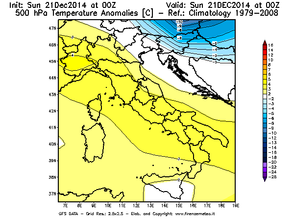 Mappa di analisi GFS - Anomalia Temperatura [°C] a 500 hPa in Italia
							del 21/12/2014 00 <!--googleoff: index-->UTC<!--googleon: index-->