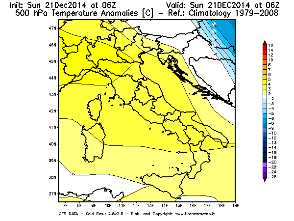 Mappa di analisi GFS - Anomalia Temperatura [°C] a 500 hPa in Italia
							del 21/12/2014 06 <!--googleoff: index-->UTC<!--googleon: index-->