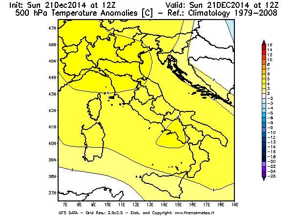 Mappa di analisi GFS - Anomalia Temperatura [°C] a 500 hPa in Italia
									del 21/12/2014 12 <!--googleoff: index-->UTC<!--googleon: index-->