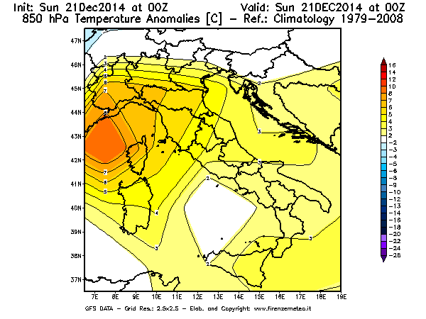 Mappa di analisi GFS - Anomalia Temperatura [°C] a 850 hPa in Italia
							del 21/12/2014 00 <!--googleoff: index-->UTC<!--googleon: index-->