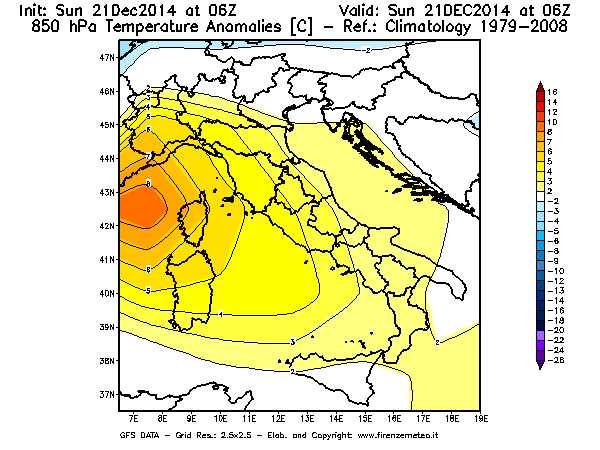 Mappa di analisi GFS - Anomalia Temperatura [°C] a 850 hPa in Italia
									del 21/12/2014 06 <!--googleoff: index-->UTC<!--googleon: index-->