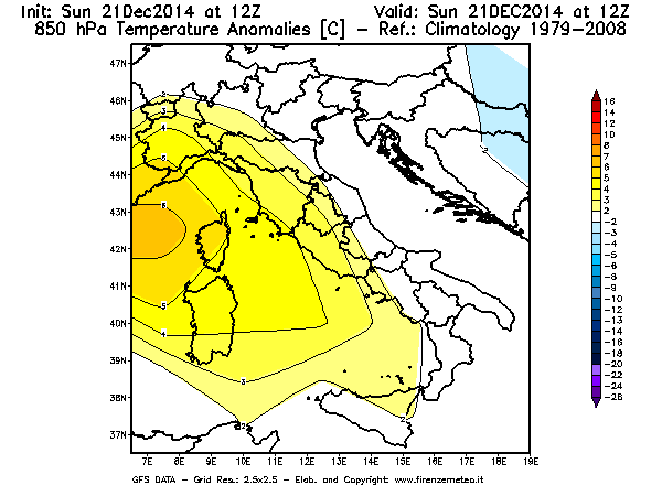Mappa di analisi GFS - Anomalia Temperatura [°C] a 850 hPa in Italia
							del 21/12/2014 12 <!--googleoff: index-->UTC<!--googleon: index-->