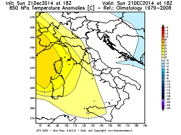 Mappa di analisi GFS - Anomalia Temperatura [°C] a 850 hPa in Italia
							del 21/12/2014 18 <!--googleoff: index-->UTC<!--googleon: index-->