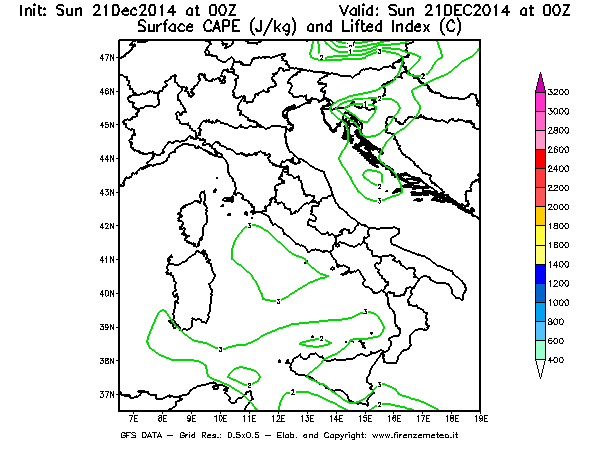 Mappa di analisi GFS - CAPE [J/kg] e Lifted Index [°C] in Italia
									del 21/12/2014 00 <!--googleoff: index-->UTC<!--googleon: index-->