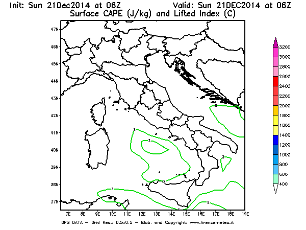 Mappa di analisi GFS - CAPE [J/kg] e Lifted Index [°C] in Italia
							del 21/12/2014 06 <!--googleoff: index-->UTC<!--googleon: index-->