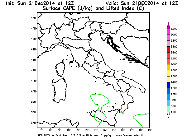 Mappa di analisi GFS - CAPE [J/kg] e Lifted Index [°C] in Italia
									del 21/12/2014 12 <!--googleoff: index-->UTC<!--googleon: index-->