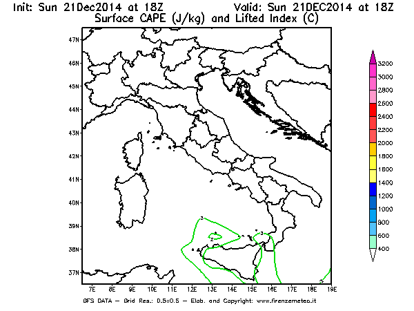 Mappa di analisi GFS - CAPE [J/kg] e Lifted Index [°C] in Italia
							del 21/12/2014 18 <!--googleoff: index-->UTC<!--googleon: index-->