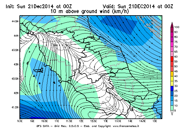 Mappa di analisi GFS - Velocità del vento a 10 metri dal suolo [km/h] in Centro-Italia
							del 21/12/2014 00 <!--googleoff: index-->UTC<!--googleon: index-->