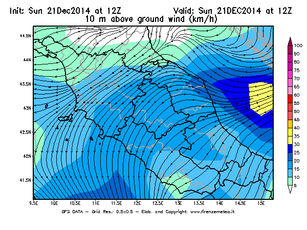 Mappa di analisi GFS - Velocità del vento a 10 metri dal suolo [km/h] in Centro-Italia
							del 21/12/2014 12 <!--googleoff: index-->UTC<!--googleon: index-->
